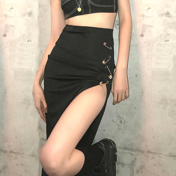 Punk Midi Skirt High Waist Skirt with Large Safety Pins