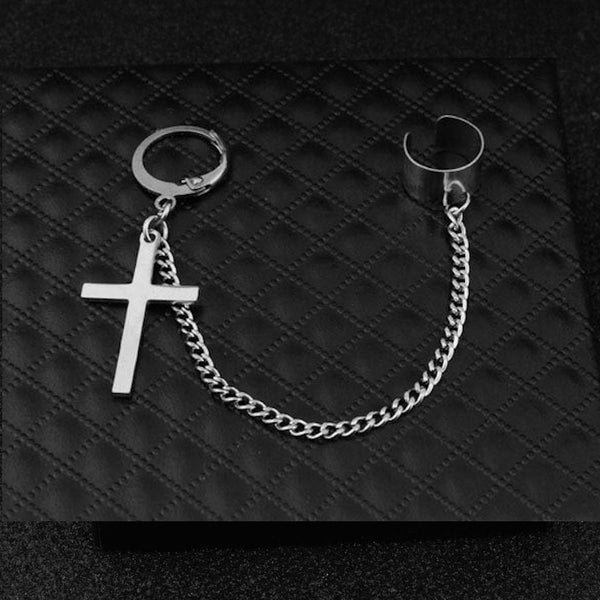 Cuff Ear Chain Earrings with Cross.