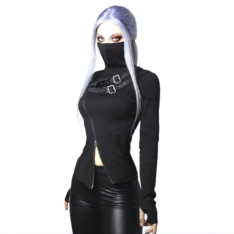 Gothic Punk Longsleeved Slim Top with Buckles and Zippers