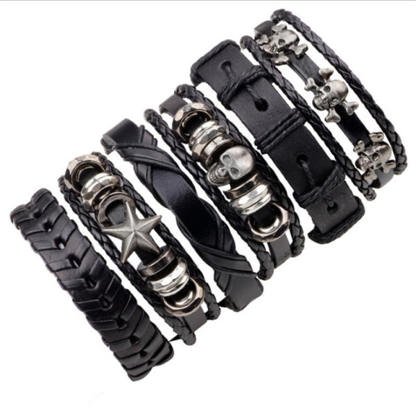 Multilayered Black Leather Bracelet with Metal Accents