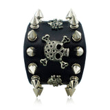 Goth Punk Cuff Bracelet with Spikes Rivet and Skull Details