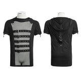 Men's Gothic/Steampunk black sexy hooded Tee with buckles and mesh