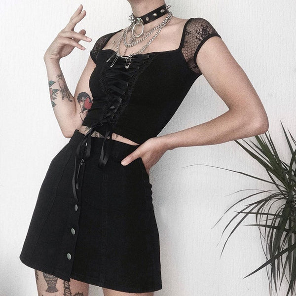 Sexy Black Gothic Semi Cropped Top