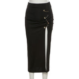 Punk Midi Skirt High Waist Skirt with Large Safety Pins