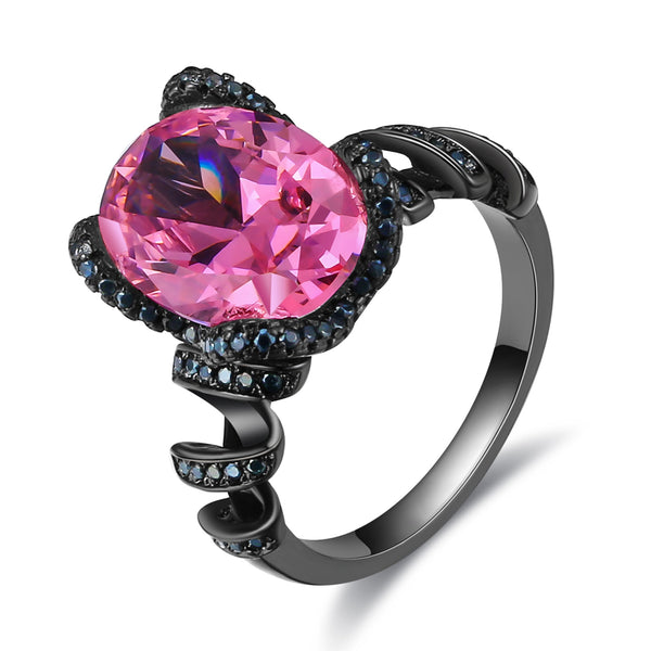 LARGE OVAL PINK/BLACK CUBIC ZIRCONIA RING