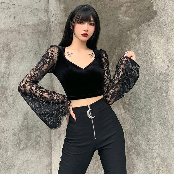 Vintage Gothic Velvet Semi-Cropped Top