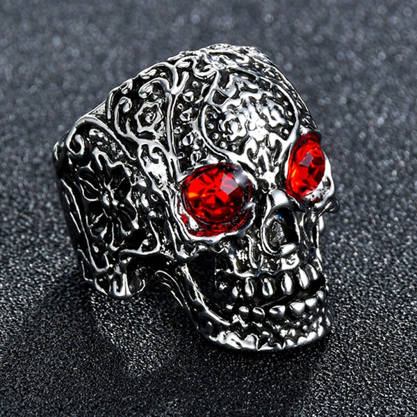 Gothic Vintage Skull Ring with Red Rhinestones