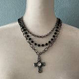 Three Layered Street Punk Necklace with Cross