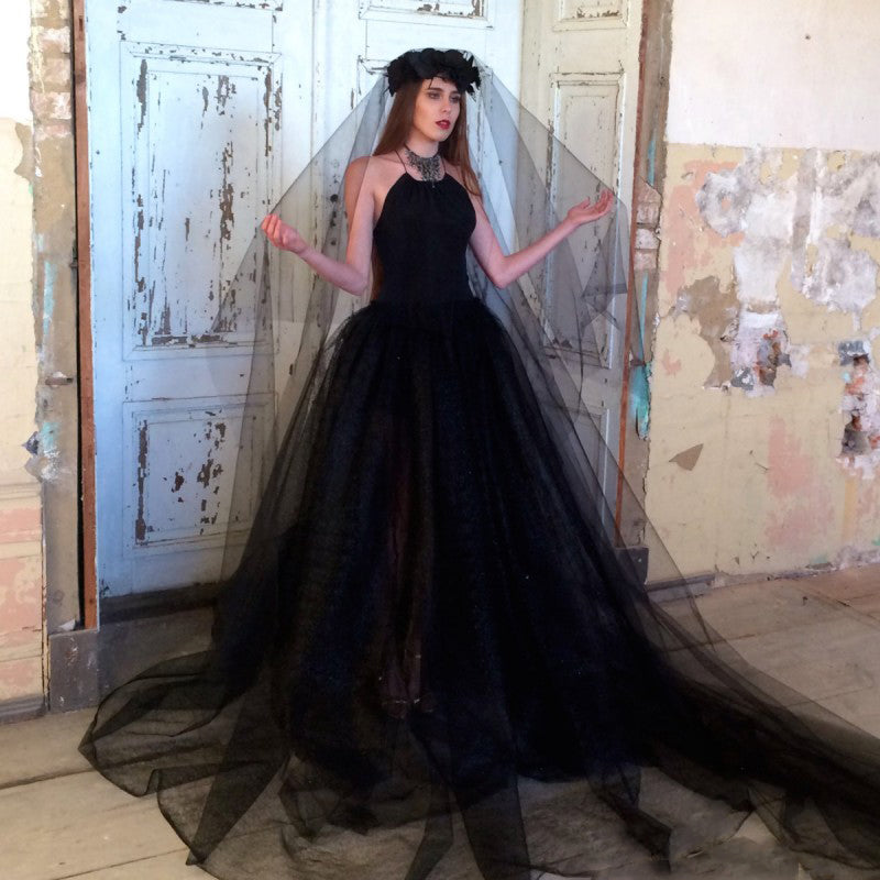 black gothic wedding dress Gothic Black Wedding Dress with sexy haltered neck – PurePunkRock