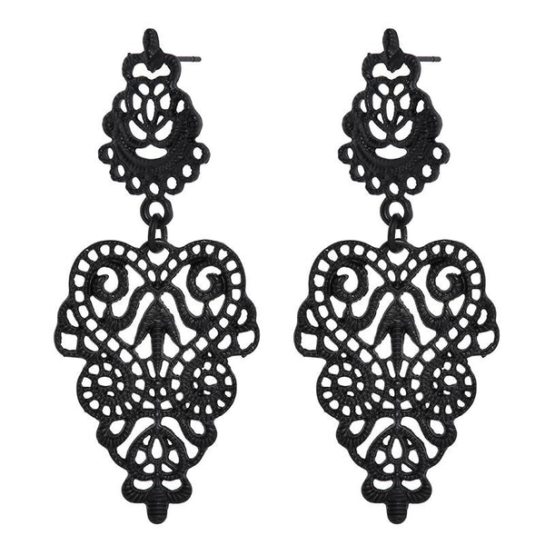 Black Metal Hollow Leaf Weave Shaped Drop Earrings