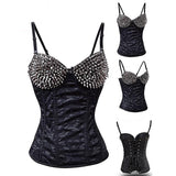 Punk Rivet Studded Push-Up Corset with Black Skull Pattern
