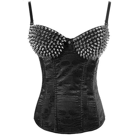 Punk Rivet Studded Push-Up Corset with Black Skull Pattern