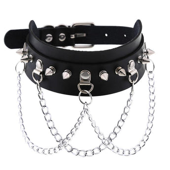 Leather Choker with Chains, Rivets, and Spikes