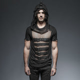 Men's Gothic/Steampunk black sexy hooded Tee with buckles and mesh