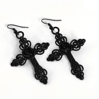 Large Gothic Cross Earrings with Black Rose Detail.