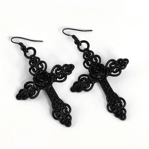 Large Gothic Cross Earrings with Black Rose Detail.