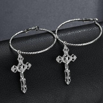 Gothic Punk Hoop Earrings with Vintage Cross