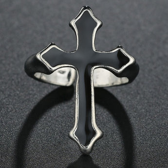 Street Punk Silver Colored Plated Ring with Black Cross