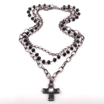 Three Layered Street Punk Necklace with Cross