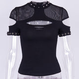 Goth Punk Black Tops with Faux Leather Details and Studs