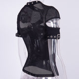 Goth Punk Black Tops with Faux Leather Details and Studs