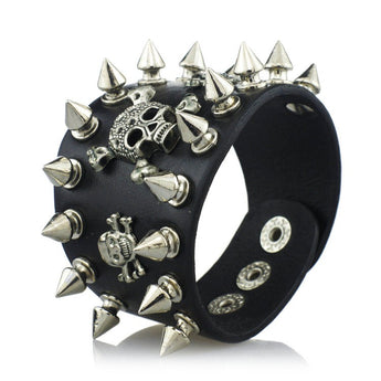 Goth Punk Cuff Bracelet with Spikes Rivet and Skull Details