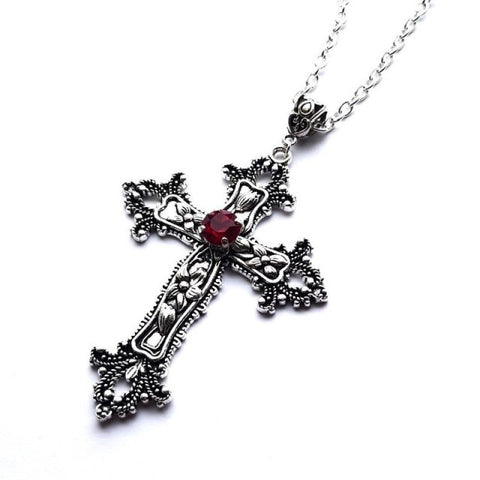 Large Gothic Cross with raised Red Faux crystal stone.