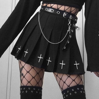 Black (or White) High Waist Mini Pleated Skirt with Cross Details