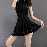 Black (or White) High Waist Mini Pleated Skirt with Cross Details
