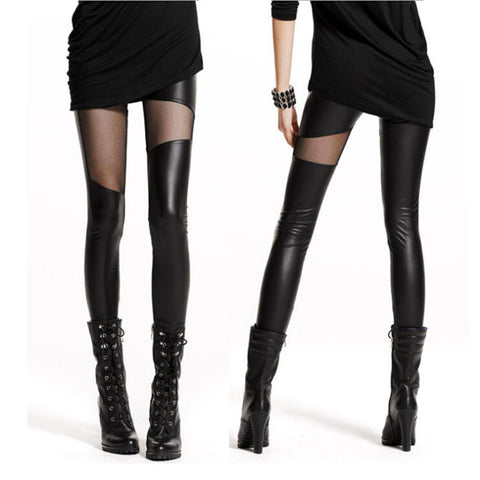 Slim Black Faux Leather Leggings  with Transparent Mesh Splicing
