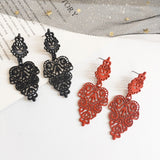 Black Metal Hollow Leaf Weave Shaped Drop Earrings