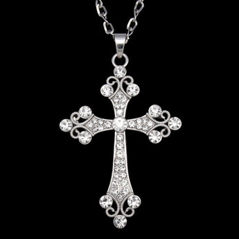 Large Silver Cross Pendant with Crystal Rhinestones