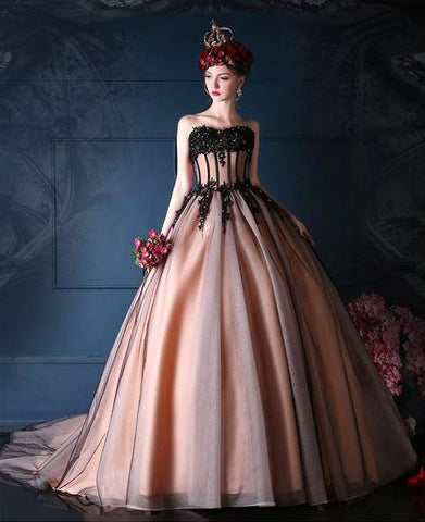 Romantic Black, & Vintage Pink Wedding Dress with Black Tulle and Beading