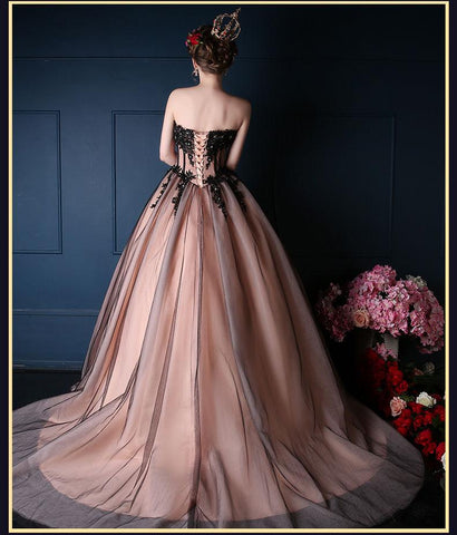 Romantic Black Vintage Pink Wedding Dress with Black Tulle and Beading