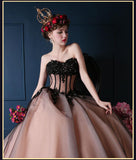 Romantic Black, & Vintage Pink Wedding Dress with Black Tulle and Beading