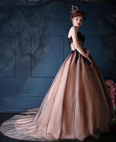 Romantic Black, & Vintage Pink Wedding Dress with Black Tulle and Bead – PurePunkRock