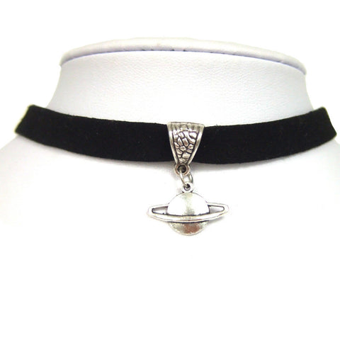 Flat Faux Suede Cord Choker Necklace with Saturn Pendant