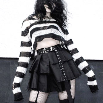 Punk Gothic Short Striped Hollow Sweater